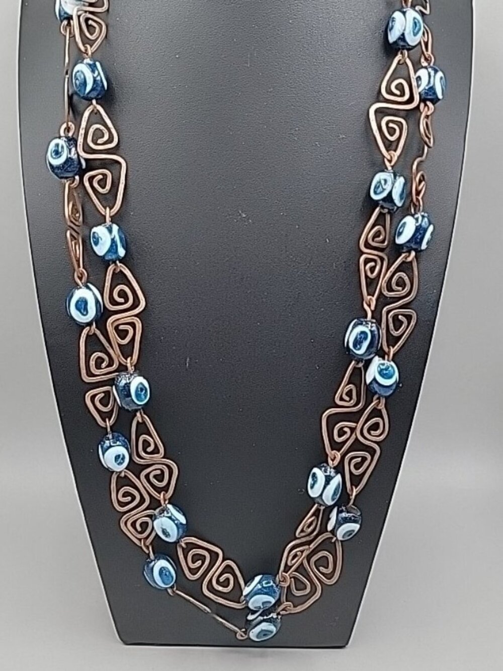 Blown Glass Evil Eye Zig Zag Talisman Necklace 62" Blue & Bronze Tone Vintage